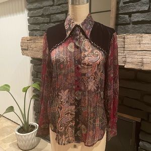 Zara paisley print blouse  with velvet/studs shoulder accent XS fits like S